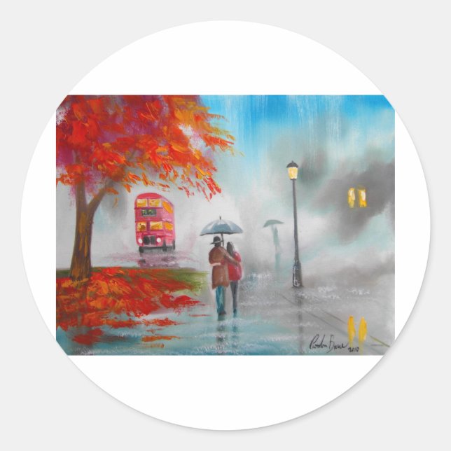 Sticker Rond Jour pluvieux automne rouge bus peinture parapluie (Devant)