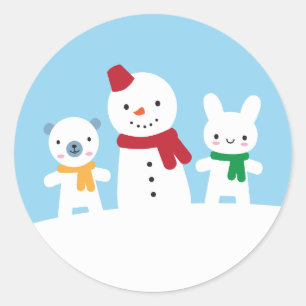 Sticker Rond Journée enneigée kawaii avec Lapin et Ours