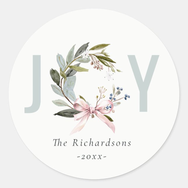 Sticker Rond Joy Blush Blue Green hiver Wreath de Noël (Devant)