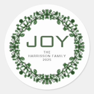 Sticker Rond Joy Floral Christmas Wreath Nom de famille