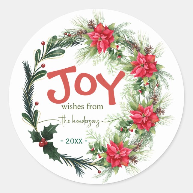 Sticker Rond Joy Handwritten Script Name Christmas Wreath  Red  (Devant)