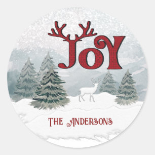 Sticker Rond Joy Moderne Aquarelle scène de cerfs d'hiver Class