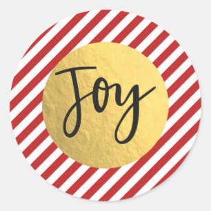 Sticker Rond JOY Noël Fêtes Rayures Rouges Blanches Feuille d'O