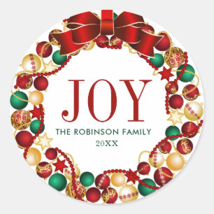 Sticker Rond Joy Nom de famille Couronne de Noël