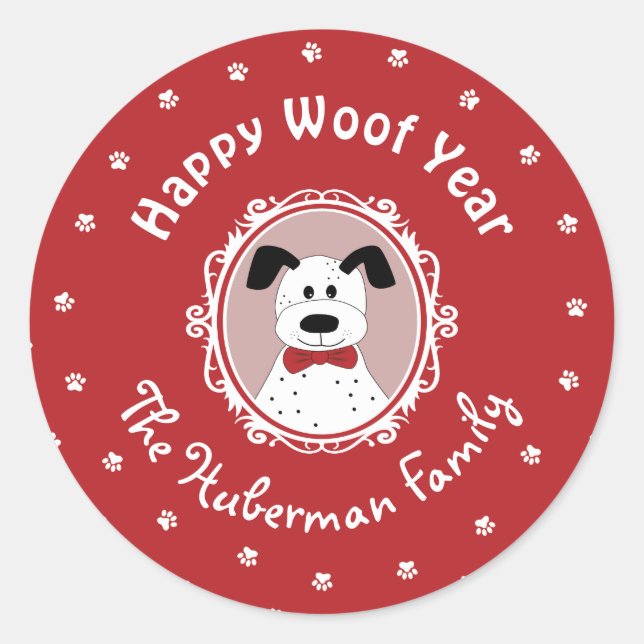 Sticker Rond 'Joyeuse année Fifi' Dalmatien Noël  (Devant)