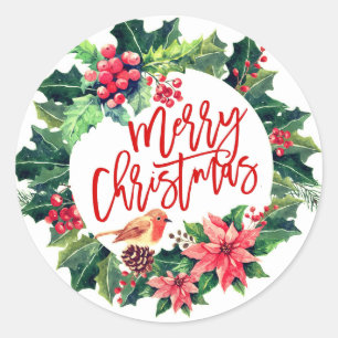Sticker Rond Joyeuse aquarelle de Noël Holly Berry Wreath