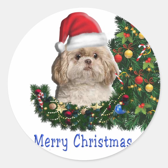 Sticker Rond Joyeuse carte de chien de Noël (Devant)