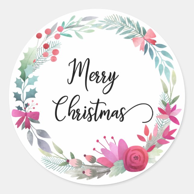 Sticker Rond Joyeuse couronne d'aquarelle de Noël Calligraphie (Devant)