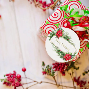 Sticker Rond Joyeuse couronne de Noël encadrée Hiver Rouge Salu