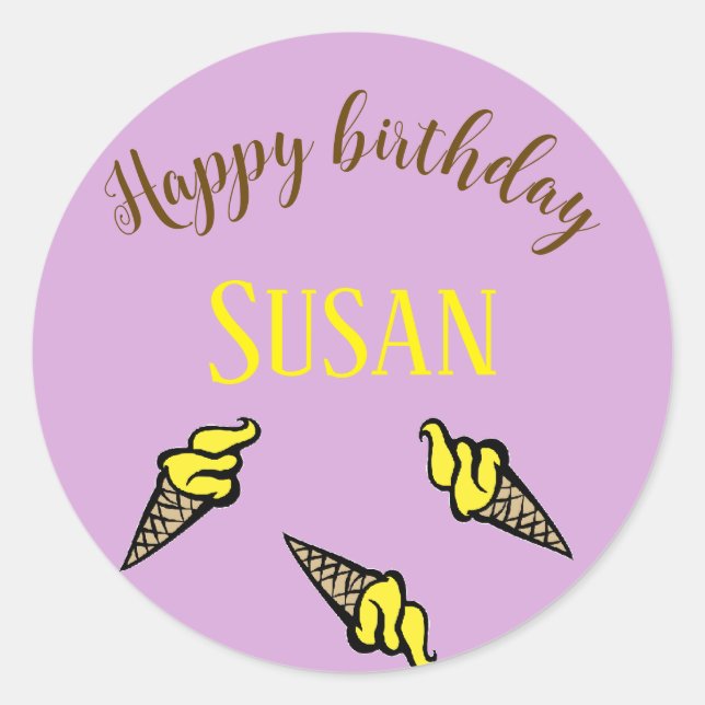 Sticker Rond Joyeuse crème glacée jaune d'anniversaire sur viol (Devant)
