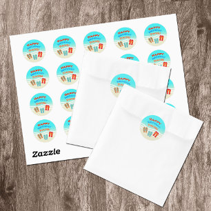 Sticker Rond Joyeuse fête d'anniversaire de plage personnalisée