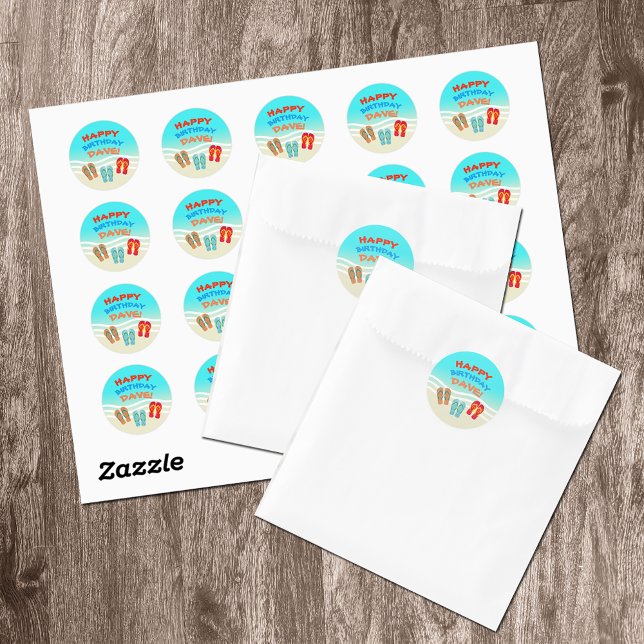 Sticker Rond Joyeuse fête d'anniversaire de plage personnalisée (Créateur téléchargé)