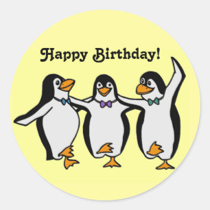 Sticker Rond Joyeuse fête d'anniversaire des pingouins dansants