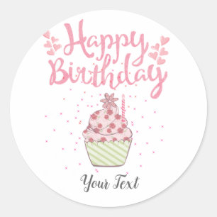 Sticker Rond Joyeuse fête d'anniversaire Personnalisé Cupcake
