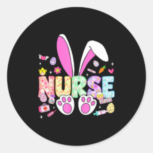 Sticker Rond Joyeuse fête de Pâques lapin oreilles stéthoscope 