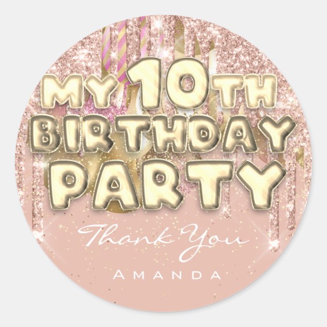 Sticker Rond Joyeuse Fête des 10 ansGlitter Ballon Or (Devant)