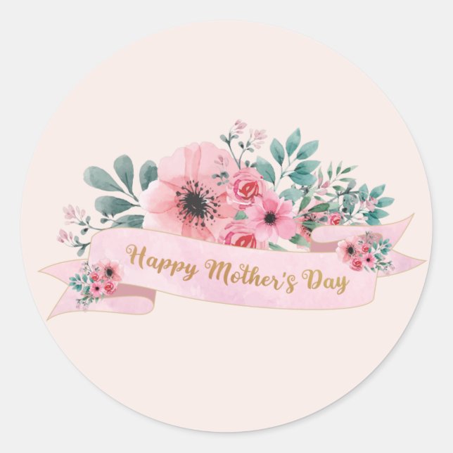 Sticker Rond Joyeuse Fête des Mères Aquarelle rose florale (Devant)