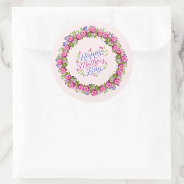 Sticker Rond Joyeuse Fête des mères couronne rose florale (Sac)