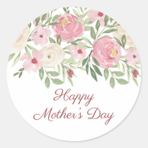 Sticker Rond Joyeuse Fête des Mères Floral Aquarelle Rose