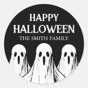 Sticker Rond Joyeuse fête d'Halloween fantôme noir et blanc