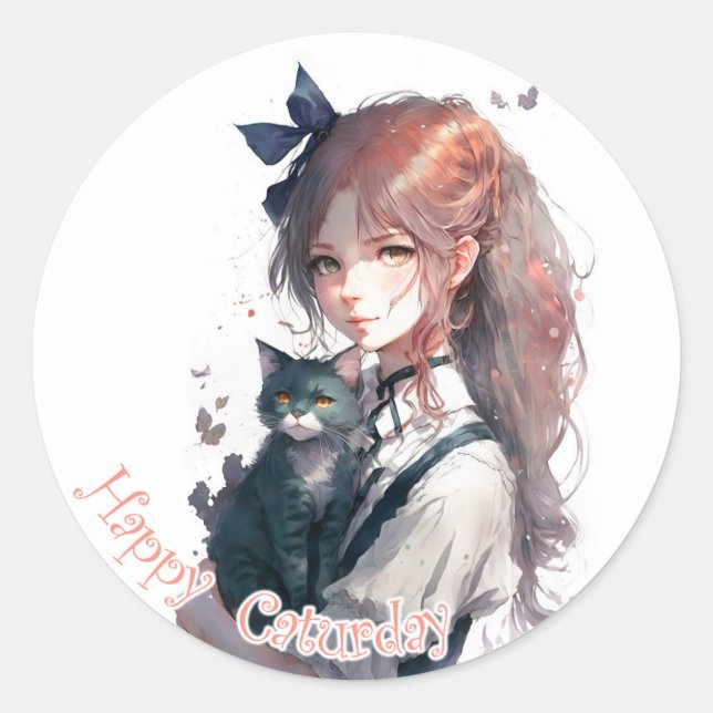 Sticker Rond Joyeuse Fille Caturday tenant Son Chat Aquarelle (Devant)
