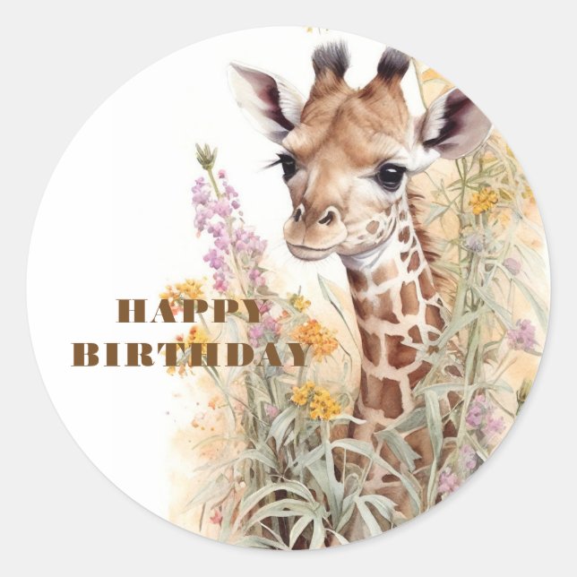 Sticker Rond Joyeuse Giraffe d'anniversaire (Devant)