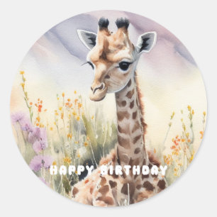 Sticker Rond Joyeuse Giraffe d'anniversaire