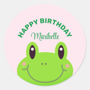 Sticker Rond Joyeuse Grenouille d'anniversaire mignonne rose