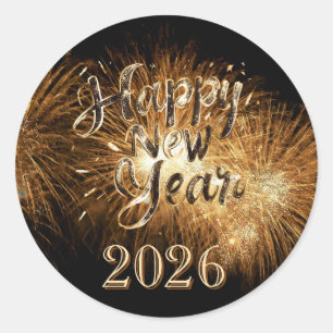 Sticker Rond Joyeuse nouvelle année 2026 golden détails feu d'a