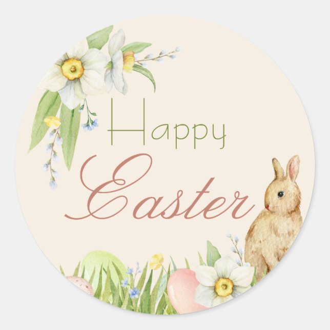 Sticker Rond Joyeuse Pâques Doux Lapin Aquarelle Florale (Devant)