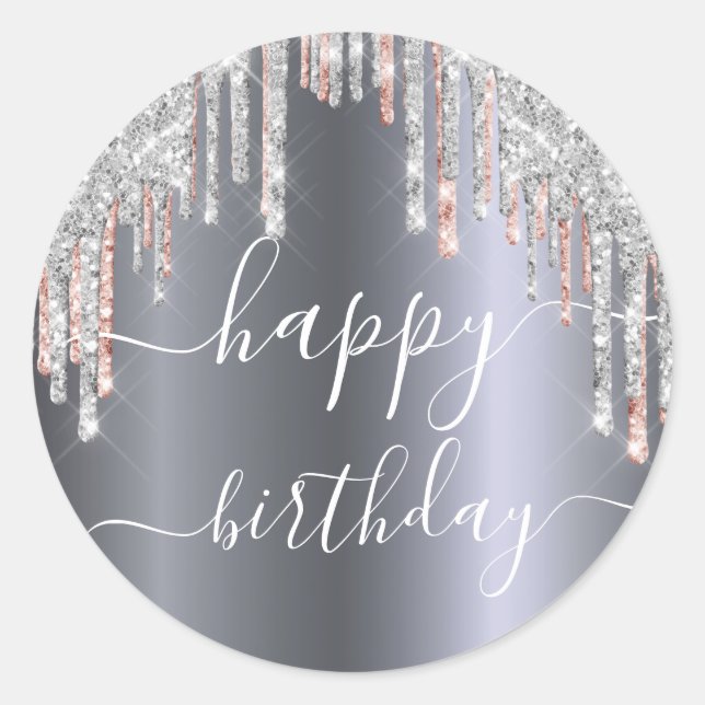 Sticker Rond Joyeuse parties scintillant d'anniversaire argent  (Devant)