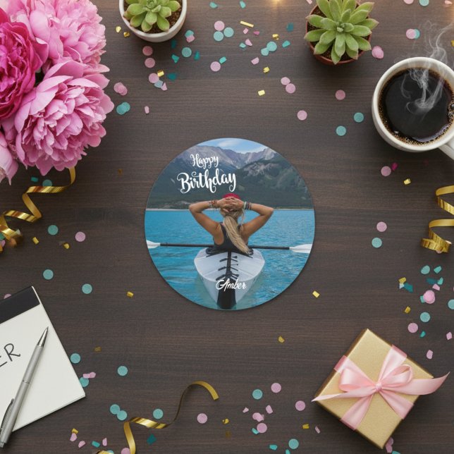 Sticker Rond Joyeuse photo d'anniversaire (Happy Birthday Photo Classic Round Sticker)