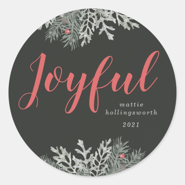 Sticker Rond Joyeuse photo Noël hiver Floral Fête Rouge (Devant)