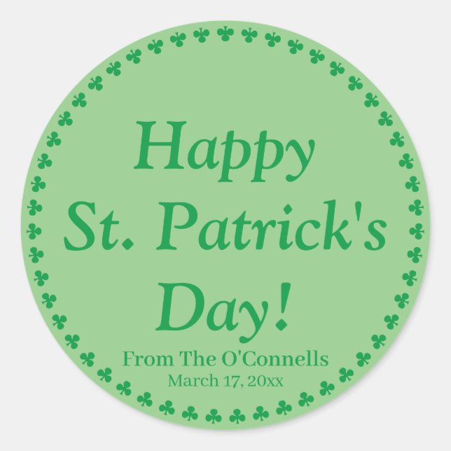 Sticker Rond Joyeuse Saint-Patrick trèfles verts personnalisés (Devant)