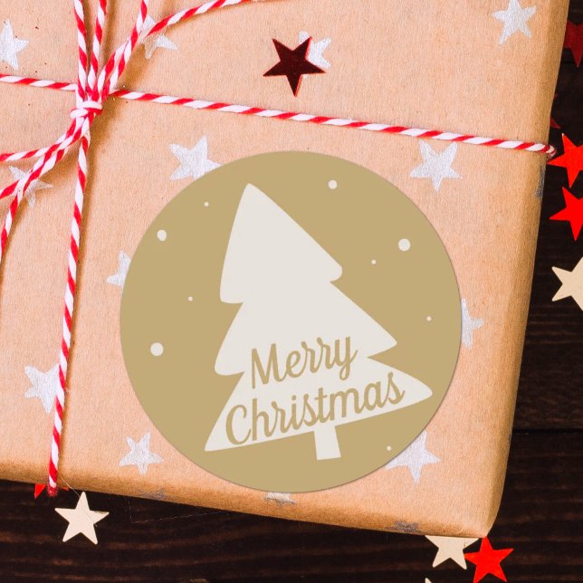 Sticker Rond Joyeuse silhouette d'arbre de Noël blanc & or (Créateur téléchargé)