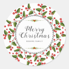 Sticker Rond Joyeuse typographie de Noël et couronne de Noël