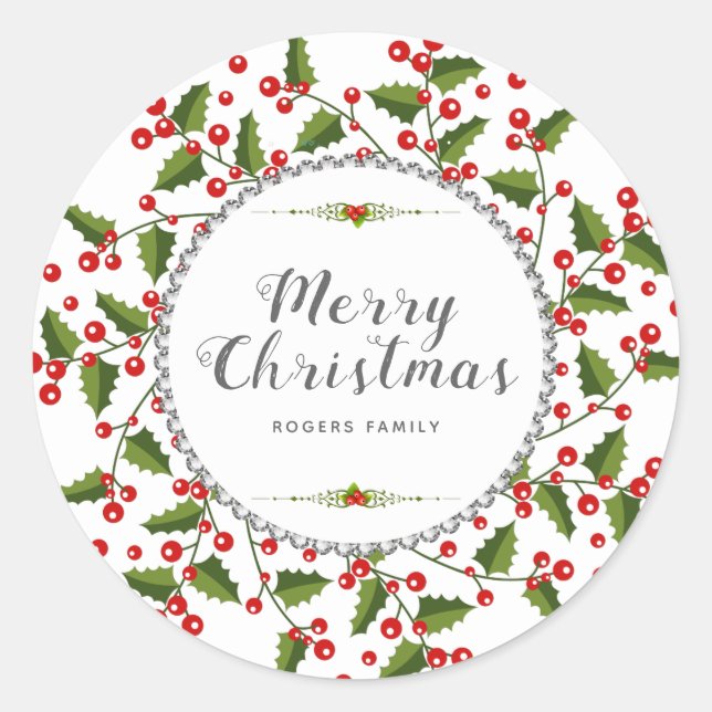 Sticker Rond Joyeuse typographie de Noël et couronne de Noël (Devant)