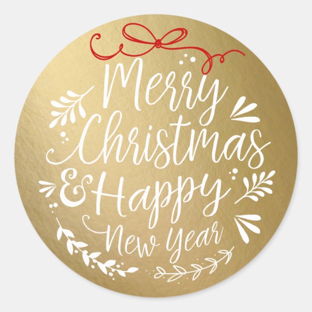 Sticker Rond Joyeuse typographie de Noël sur Faux Gold Foil (Devant)