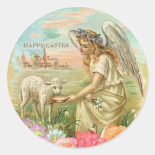 Sticker Rond Joyeuse typographie de Pâques Agneau Vintage