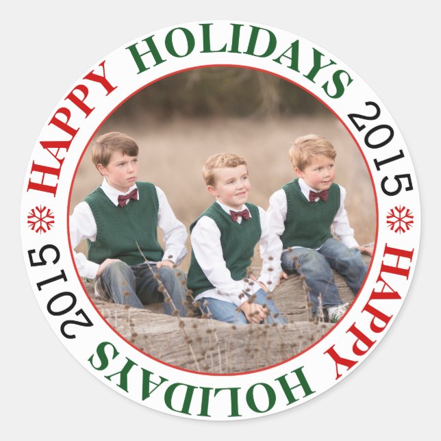 Sticker Rond Joyeuses fêtes 2015 rouge, vert photo de Noël (Devant)