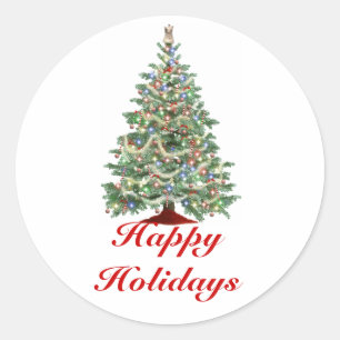 Sticker Rond Joyeuses fêtes, arbre de Noël avec lumières
