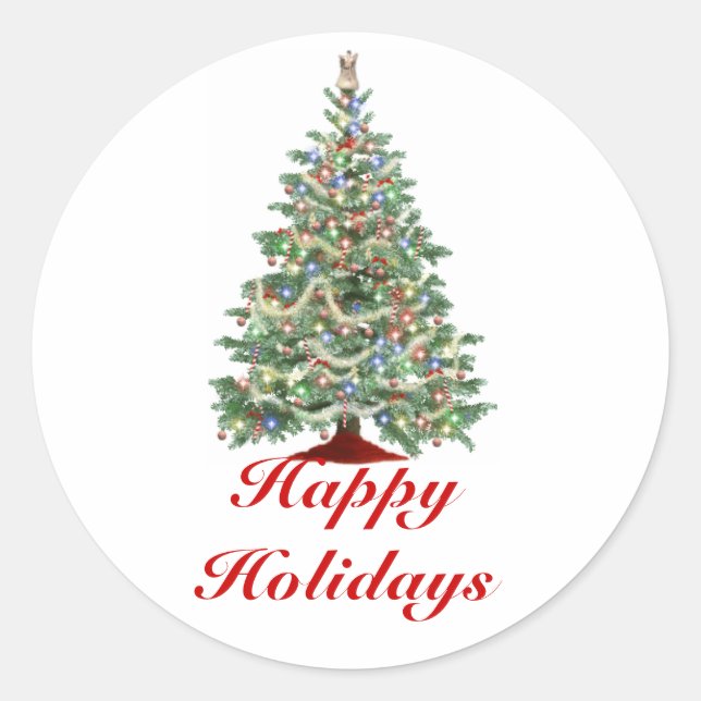 Sticker Rond Joyeuses fêtes, arbre de Noël avec lumières (Devant)