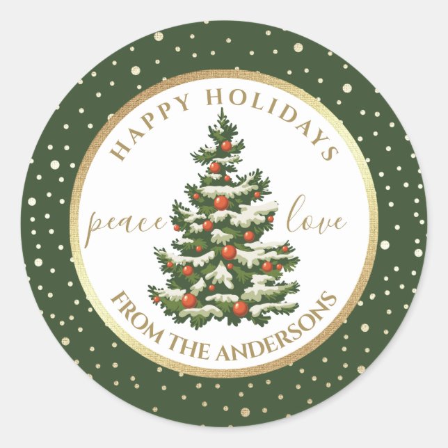 Sticker Rond Joyeuses fêtes. Arbre de Noël personnalisé (Devant)