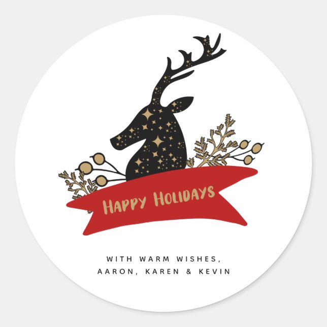Sticker Rond Joyeuses Fêtes Bannière Reindeer de vacances (Devant)