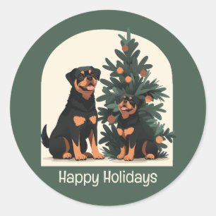 Sticker Rond Joyeuses fêtes Chiens Rottweiler