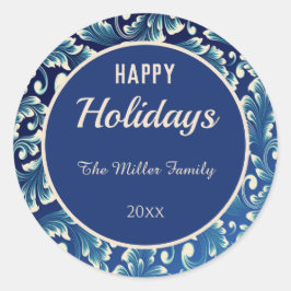 Sticker Rond Joyeuses fêtes Damas Feuilles en bleu