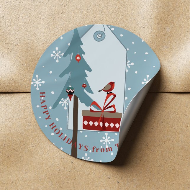 Sticker Rond Joyeuses fêtes de neige et un arbre de Noël (Créateur téléchargé)