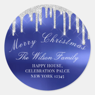 Sticker Rond Joyeuses fêtes de Noël RSVP Silver Royal Blue