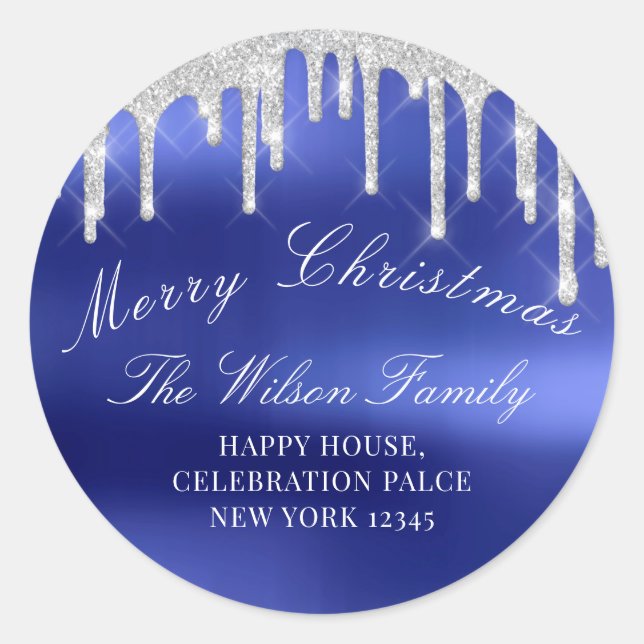 Sticker Rond Joyeuses fêtes de Noël RSVP Silver Royal Blue (Devant)