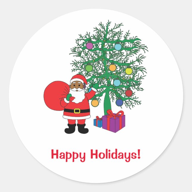 Sticker Rond Joyeuses fêtes Famille de Père Noël afro-américain (Devant)